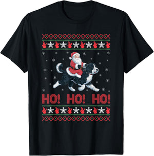 Ho Ho Ho Santa Riding Bernedoodle Dog Ugly Christmas Sweater T-Shirt - T-Shirt | Black