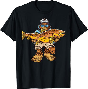 Brown Trout River Fishing Bigfoot Hunting Fishermen T-Shirt - T-Shirt | Black