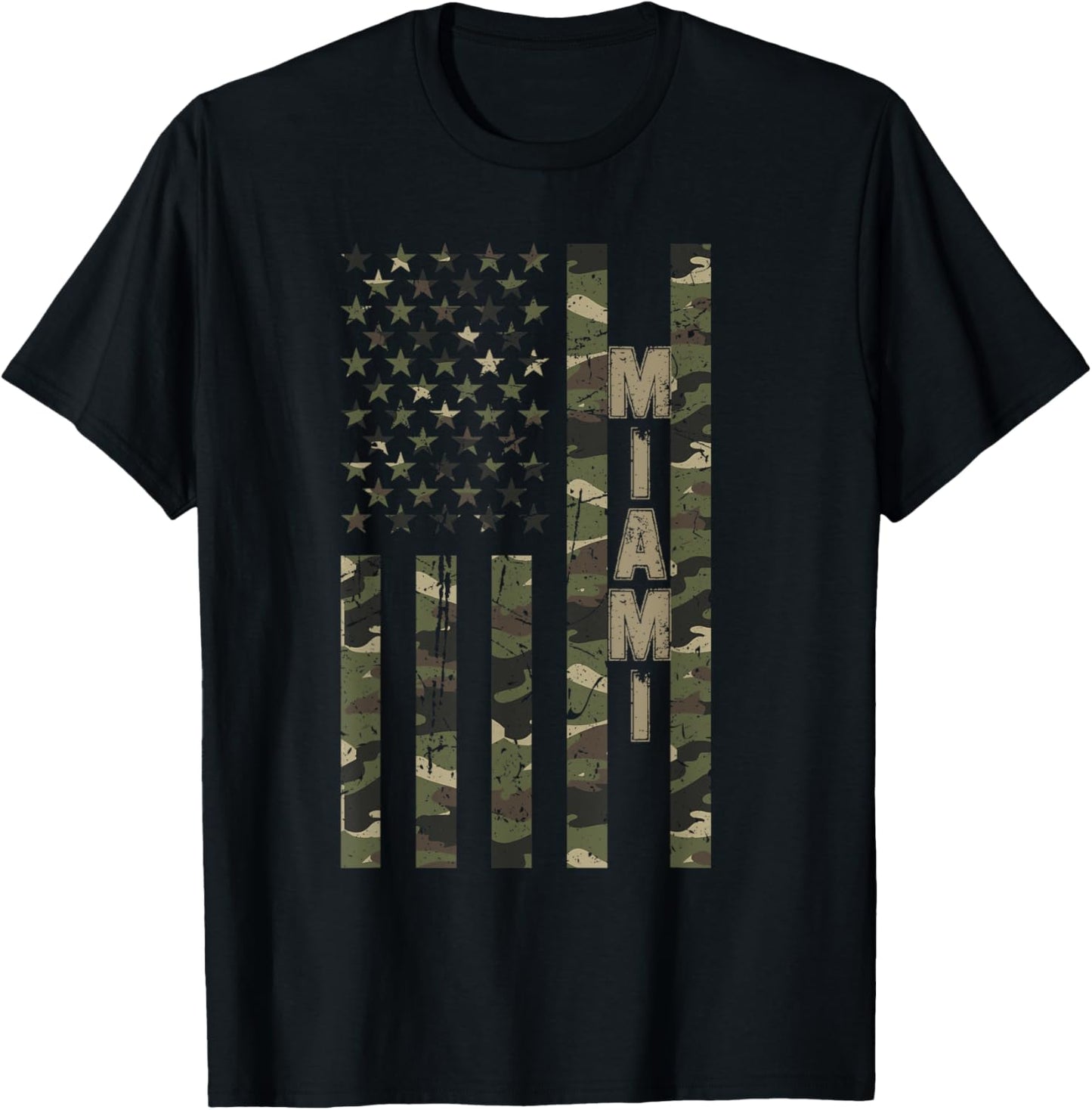 Miami United States Distressed Camo w US Flag T-Shirt - T-Shirt | Black