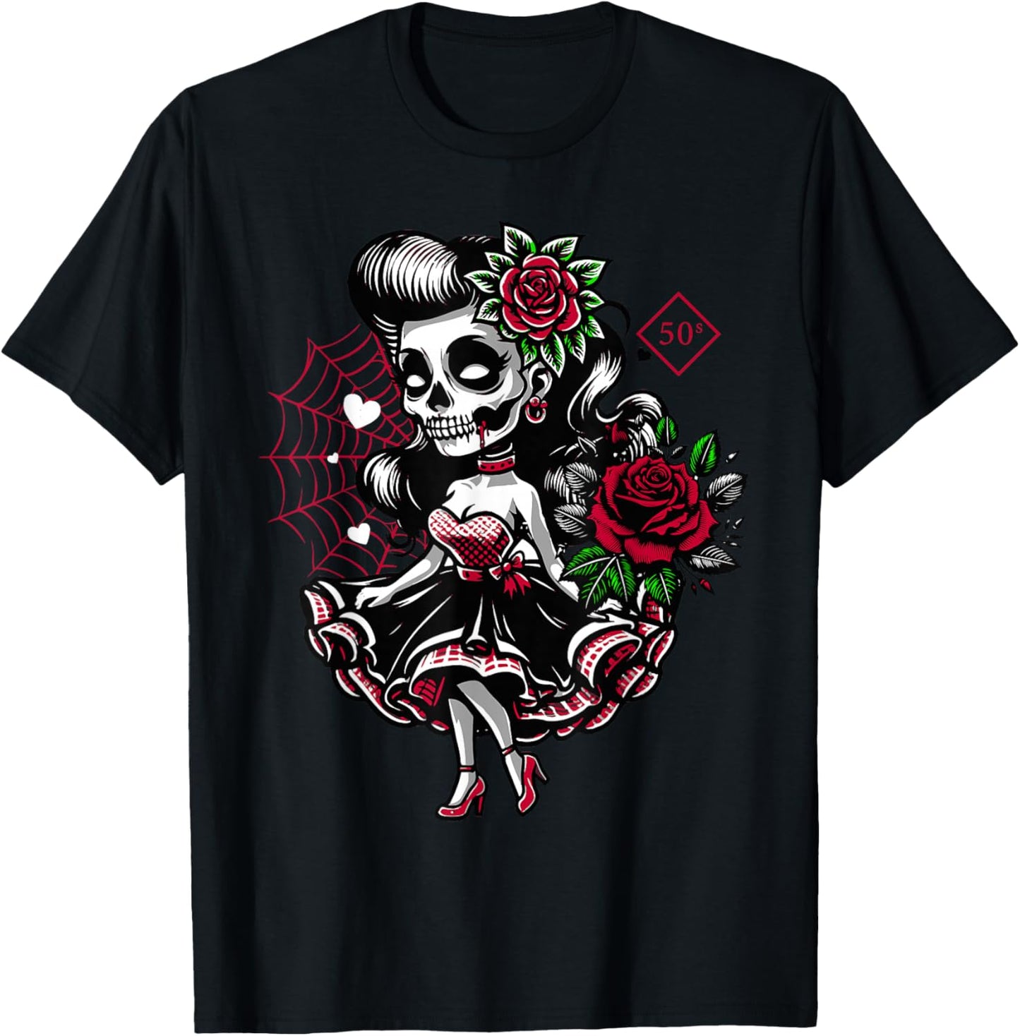 Kawaii Rockabilly Skelett Pin Up Horror Rebel T-Shirt - T-Shirt | Black