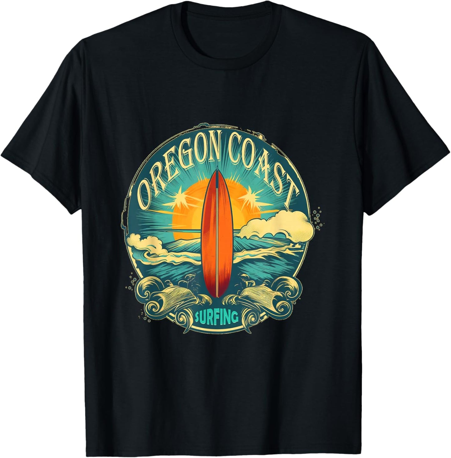 Oregon Coast Distressed Vintage Look Surf Surfing Surfboard T-Shirt - T-Shirt | Black