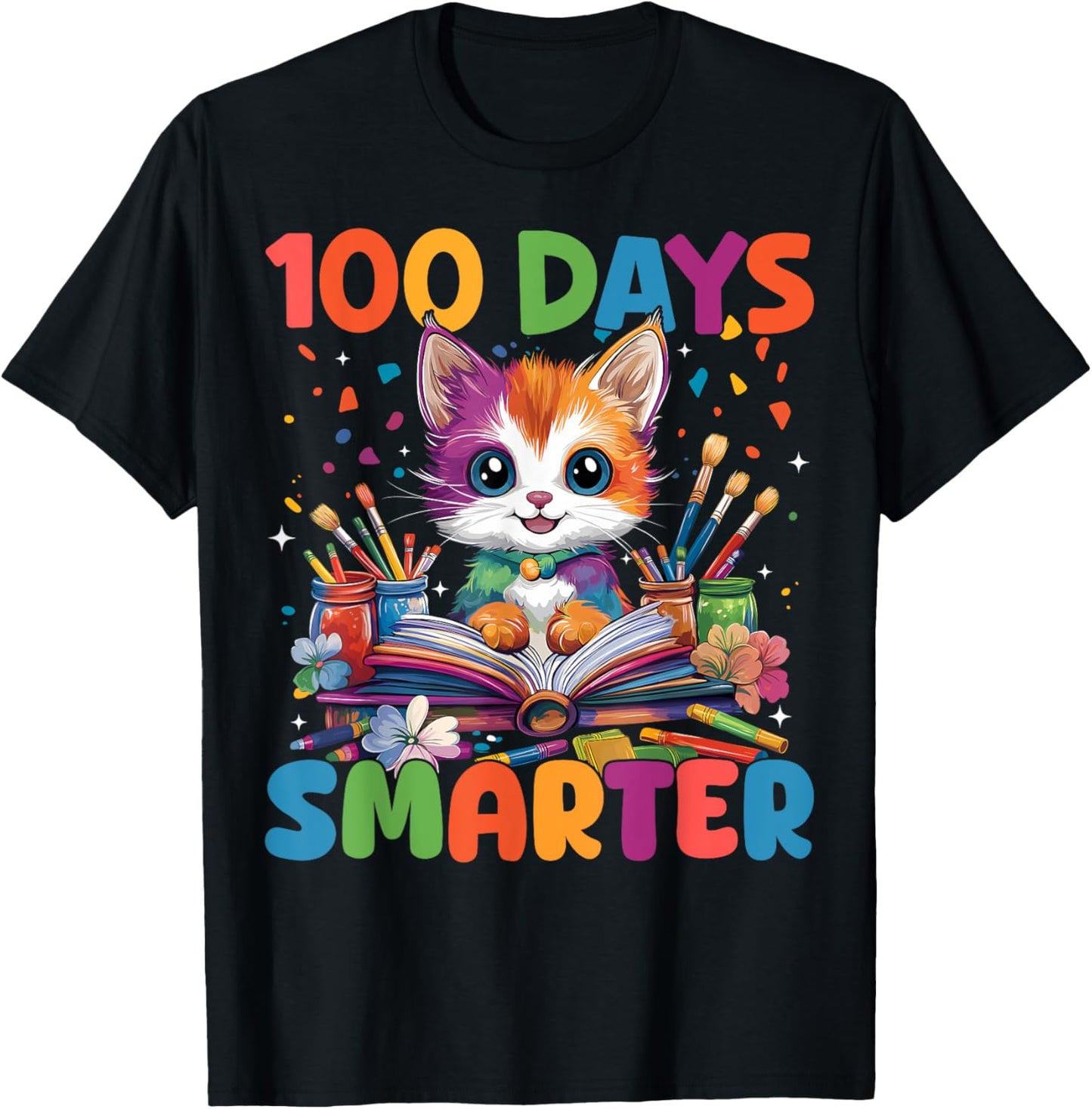 Cats 100th Day Of School Teacher 100 Days Smarter Cat Kitty T-Shirt - T-Shirt | Black