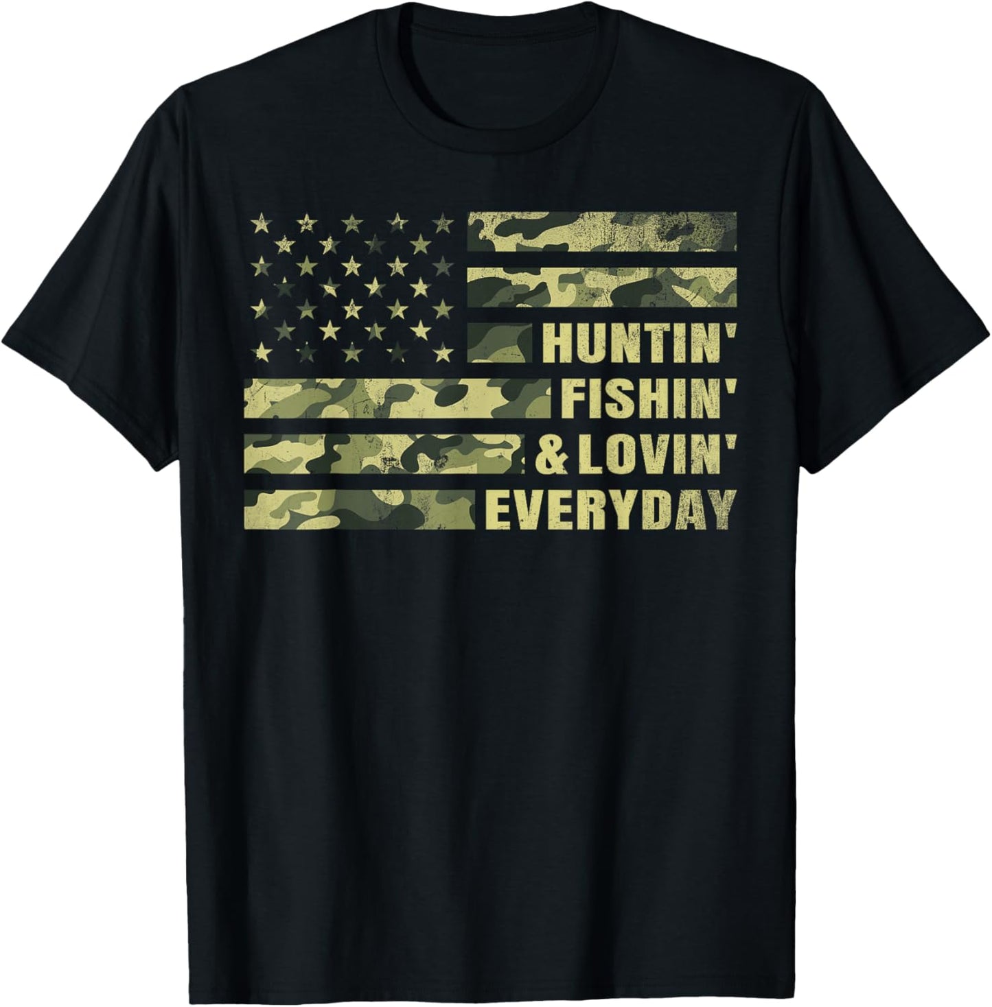 Hunting Fishing Loving Every Day Camo American Flag Patriot T-Shirt - T-Shirt | Black