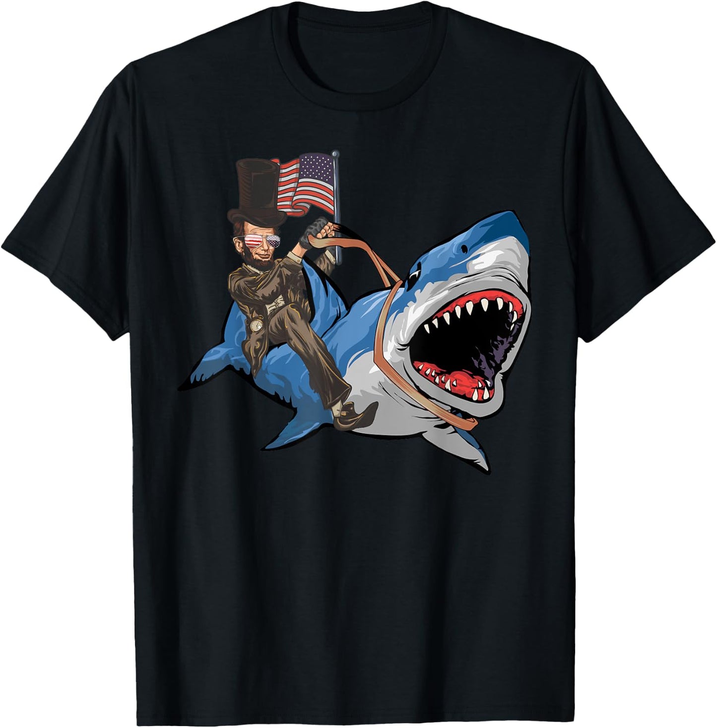 Abe Lincoln Riding Shark - Shark Lovers Shark 4th of July T-Shirt - T-Shirt | Black