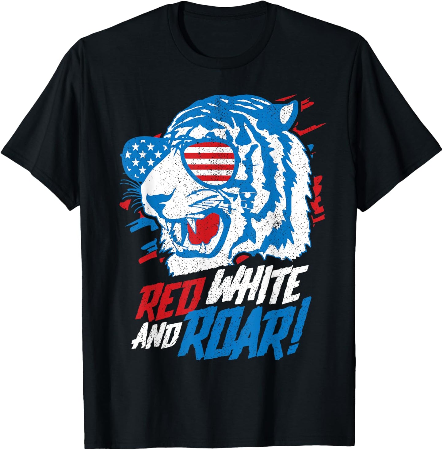 Red White And Roar Tiger Funny 4th Of July Predator Gift T-Shirt - T-Shirt | Black