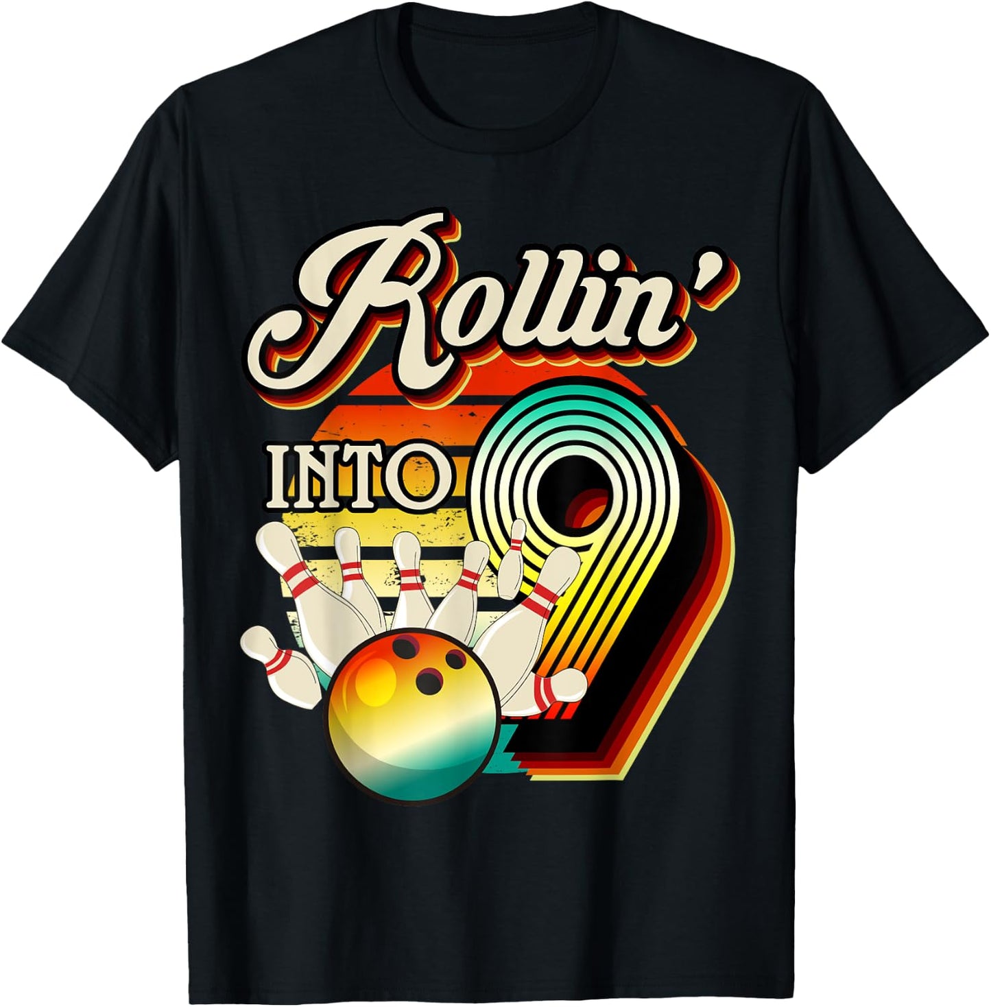 Rollin into Bowling 9 Year Old Retro Birthday 9th Bday Party T-Shirt - T-Shirt | Black