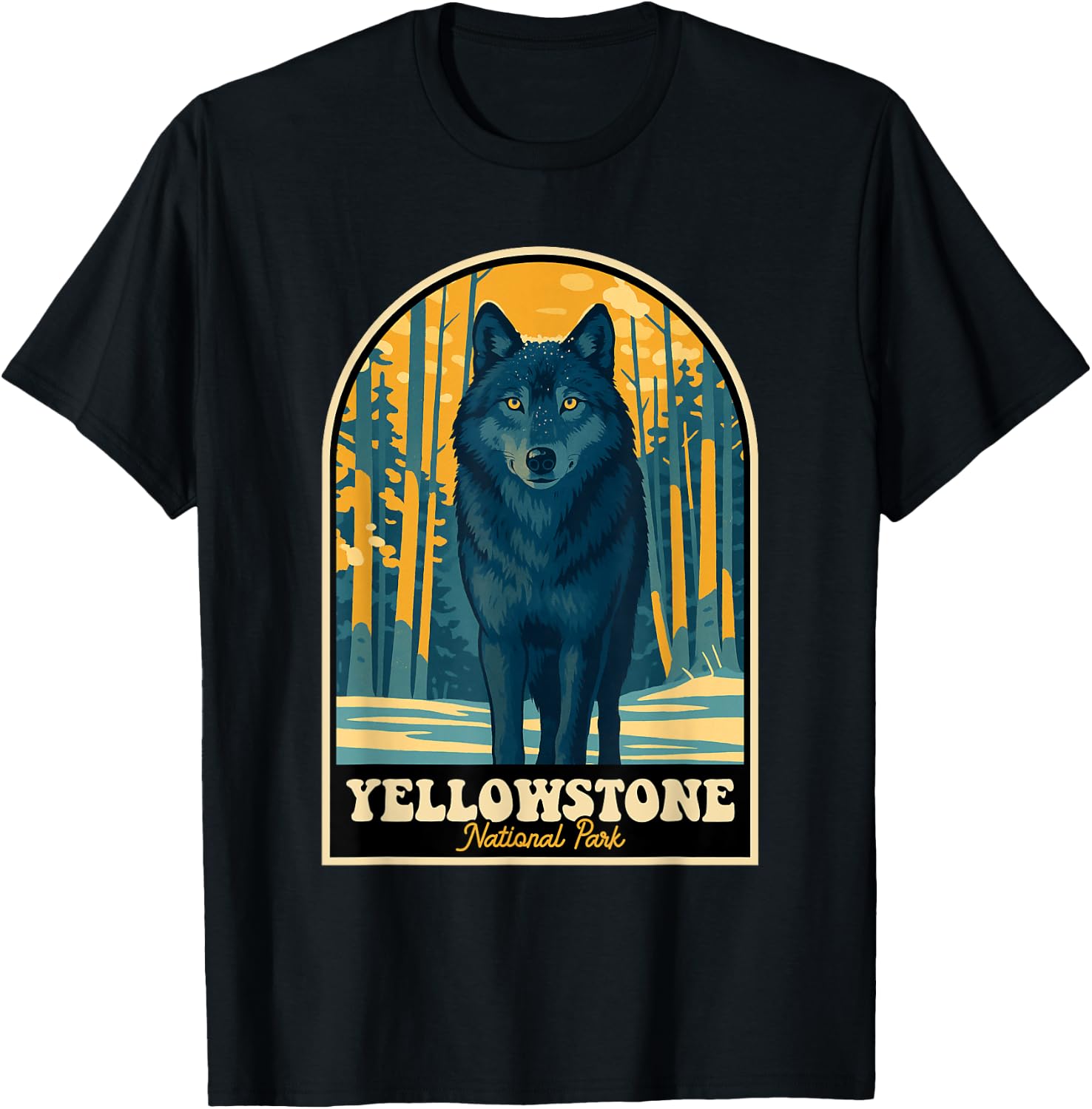 Yellowstone Wolf Vintage National Park Poster T-Shirt - T-Shirt | Black