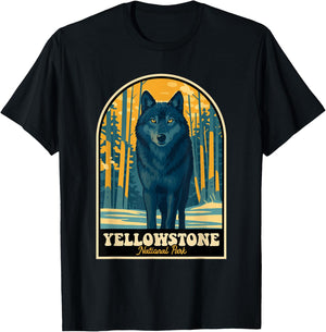 Yellowstone Wolf Vintage National Park Poster T-Shirt - T-Shirt | Black