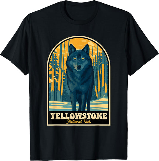 Yellowstone Wolf Vintage National Park Poster T-Shirt - T-Shirt | Black