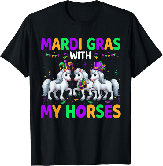 Mardi Gras With My Horses Three Cute Horses Masked Beads T-Shirt - T-Shirt | Black