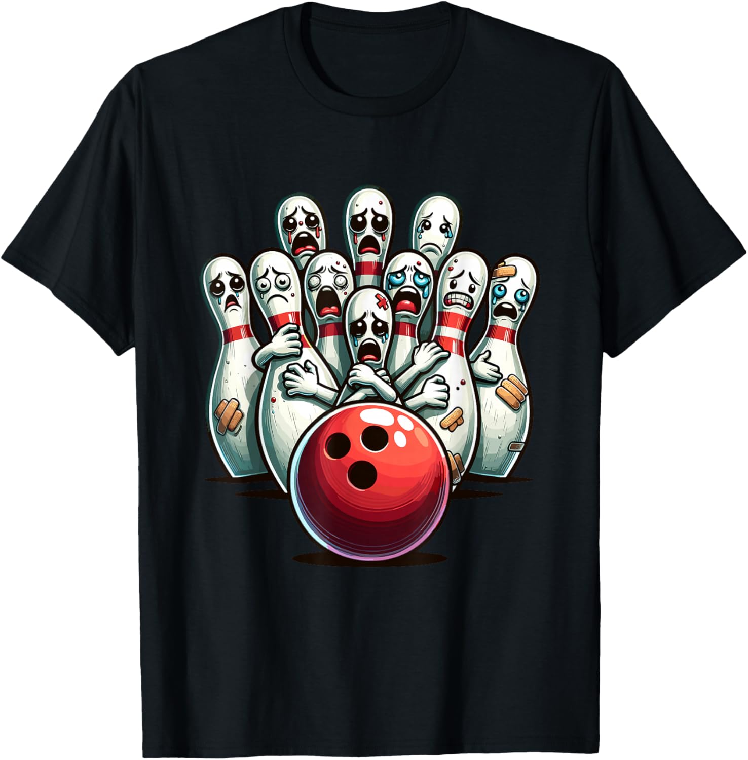 Funny Bowling Pin Faces For Bowling Lover, Men Kids Bowler T-Shirt - T-Shirt | Black