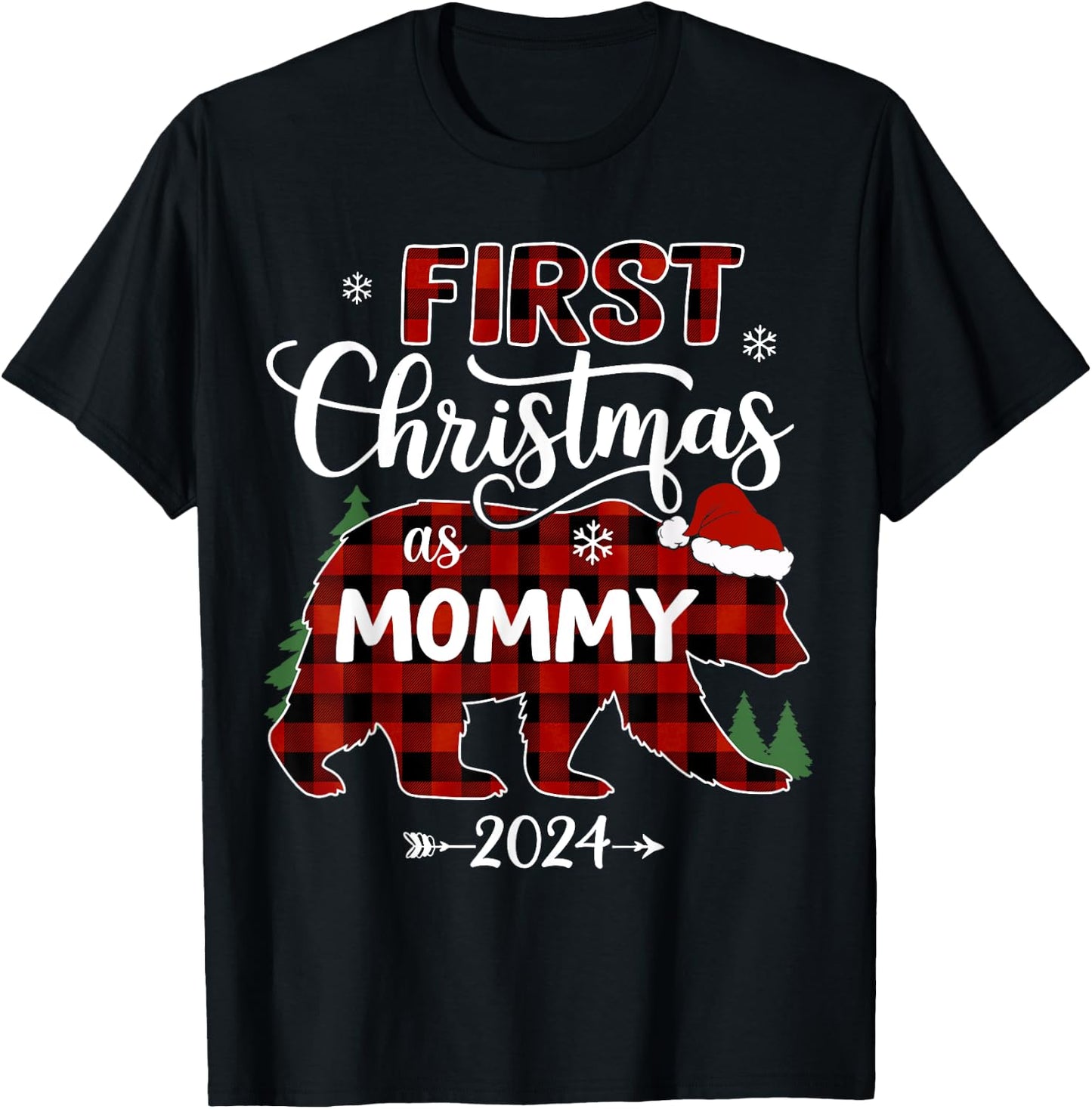 First Christmas As Mommy Red Bear Santa Hat 2024 Pregnancy T-Shirt - T-Shirt | Black