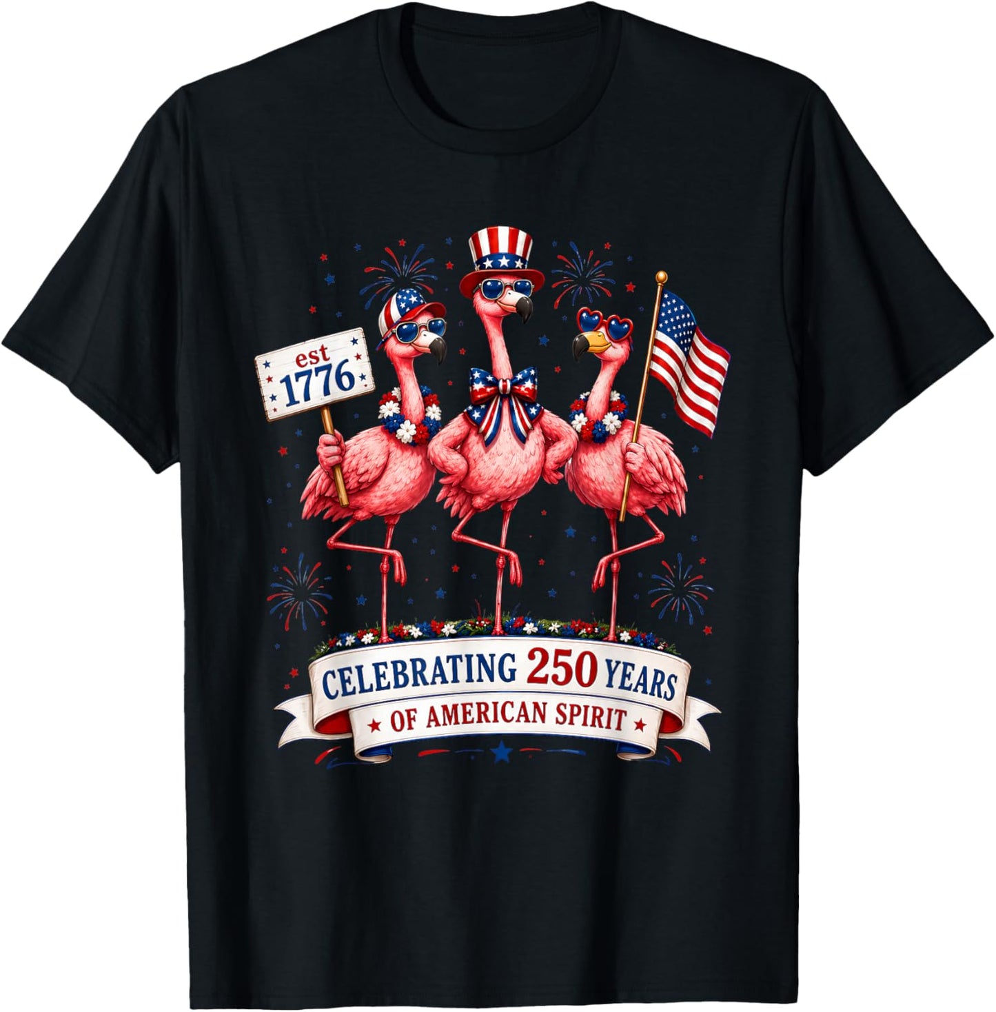 Patriotic Flamingo Celebrating American USA 250 Years Spirit T-Shirt - T-Shirt | Black