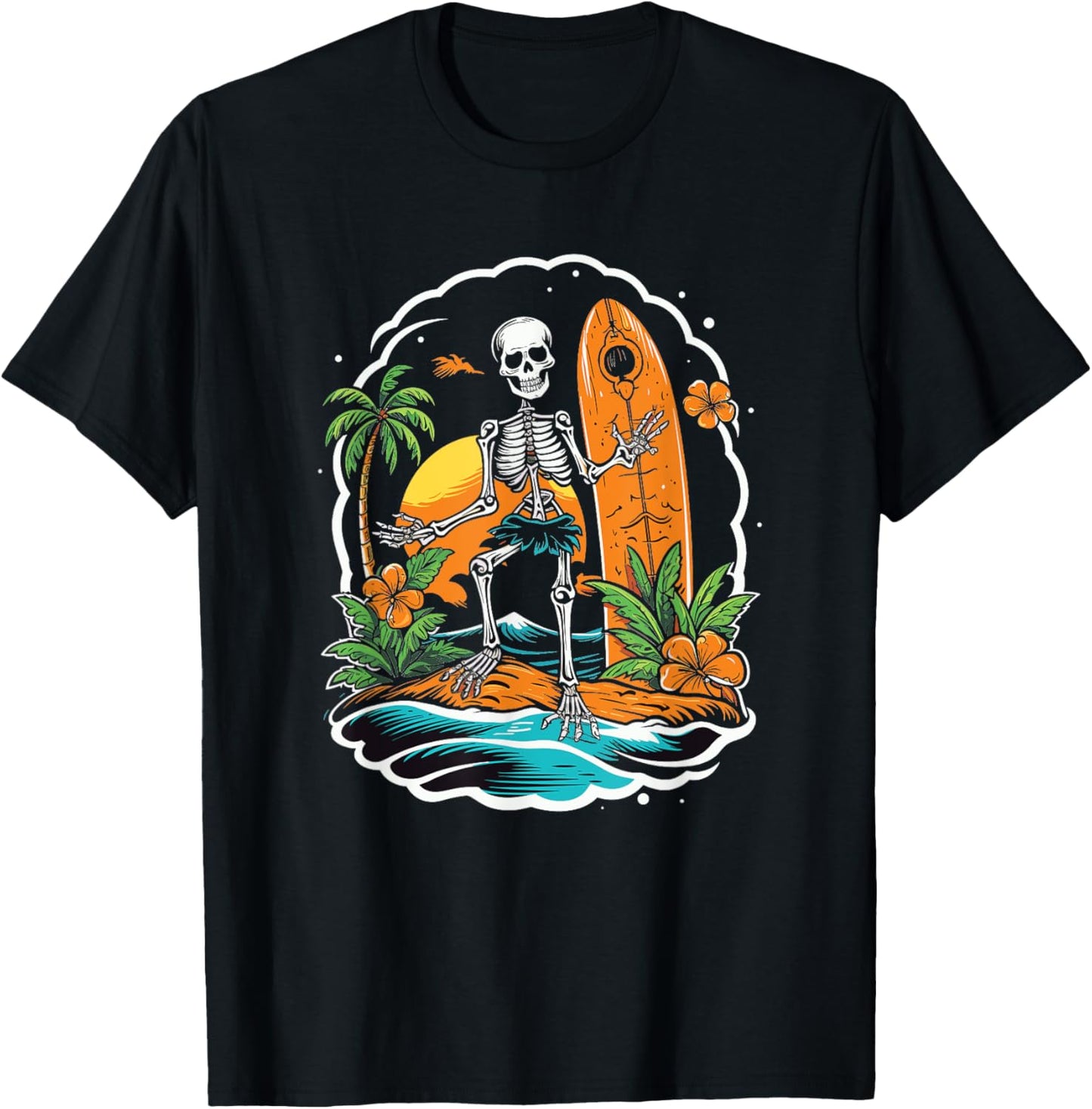 Skeleton Surfing Halloween Hawaii T-Shirt - T-Shirt | Black