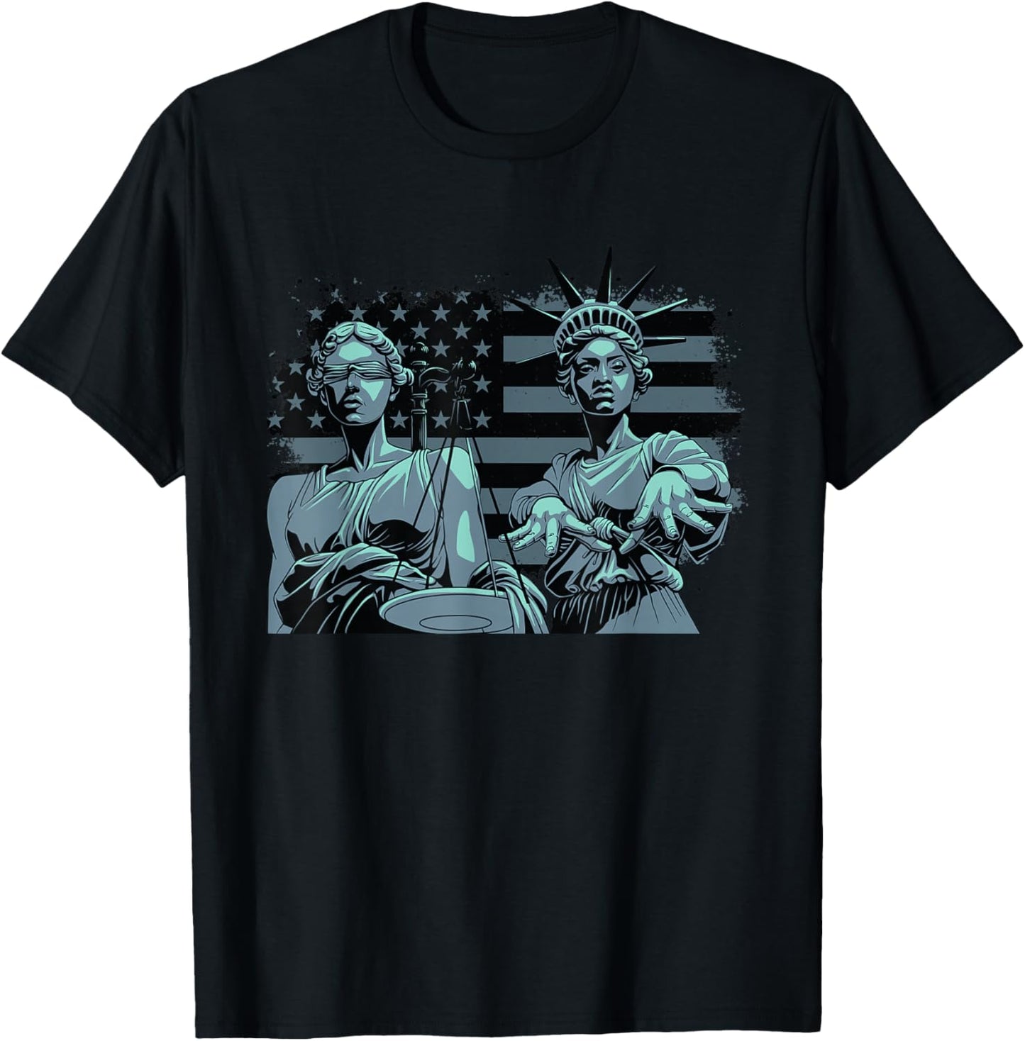 Lady Justice and Lady Liberty USA American Flag Freedom T-Shirt - T-Shirt | Black