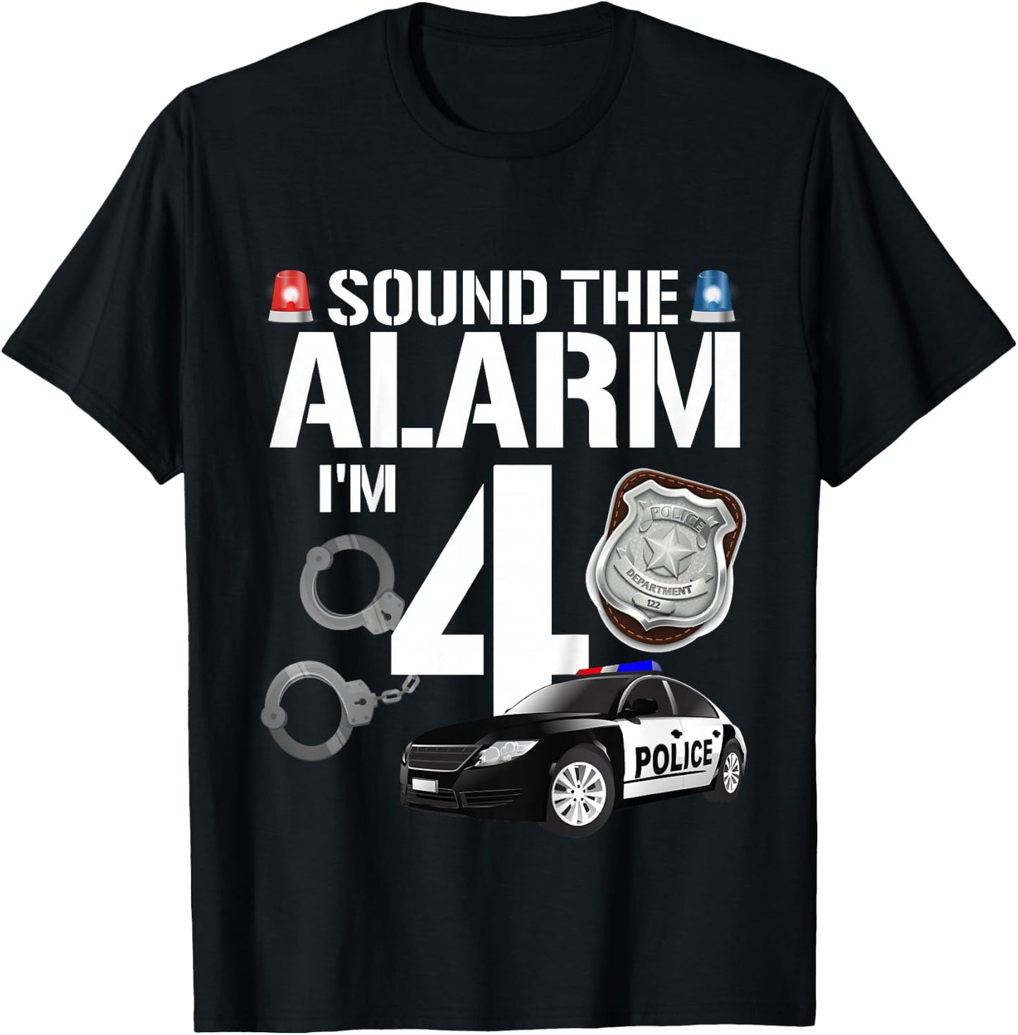 Kids 4 Year Old Police Birthday Officer Cop Car 4th Gift Boy T-Shirt - T-Shirt | Black