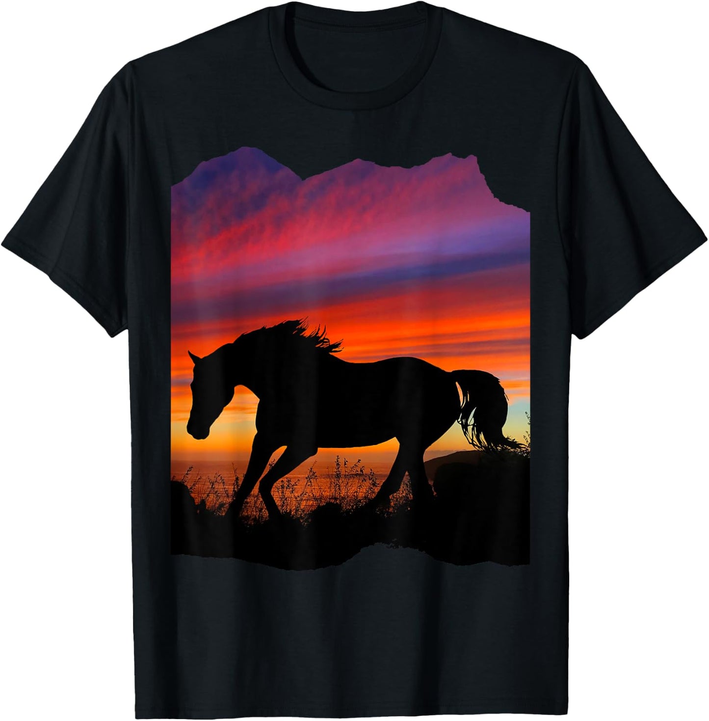 Beautiful Arabian horse sunset silhouette orange purple blue T-Shirt - T-Shirt | Black
