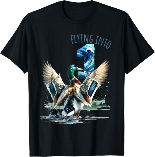 Flying into 1 Duck Hunting 1st Birthday Party 1 Year Old T-Shirt - T-Shirt | Black
