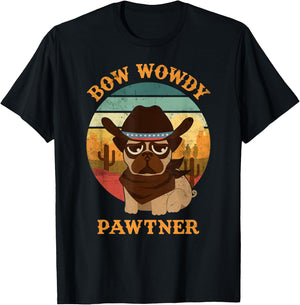 Bow Wowdy Pawtner cute cowboy dog dawg vintage western T-Shirt - T-Shirt | Black