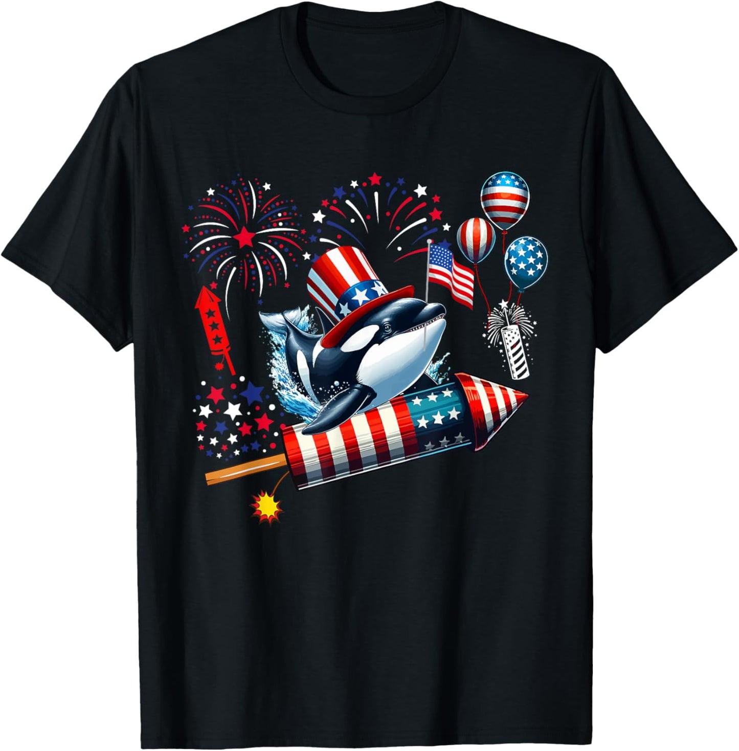 Orca Riding Firecracker US Flag 4th Of July Fireworks T-Shirt - T-Shirt | Black