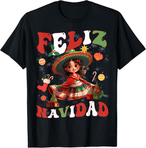 Girls Vintage Feliz Navidad Retro Christmas Spanish Xmas T-Shirt - T-Shirt | Black