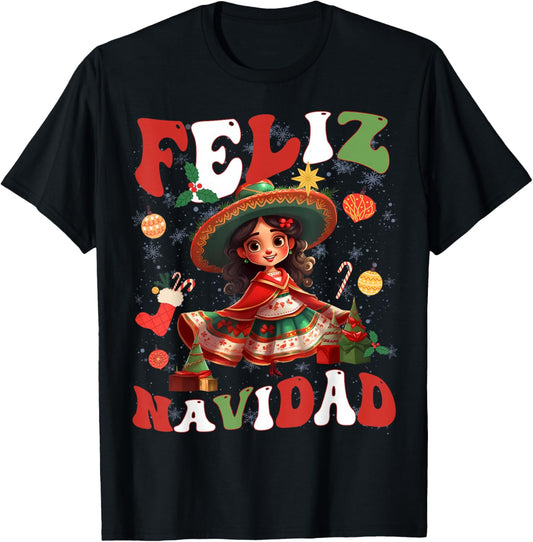 Girls Vintage Feliz Navidad Retro Christmas Spanish Xmas T-Shirt - T-Shirt | Black