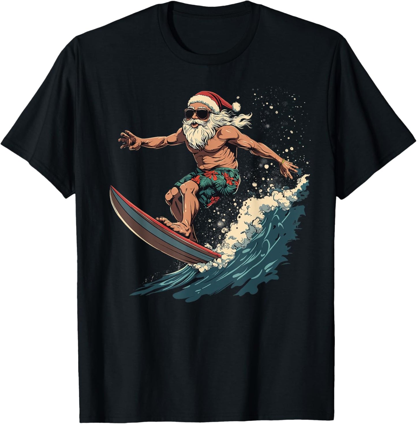 Fun Surfing Santa Hawaii Christmas Waves Surf lover T-Shirt - T-Shirt | Black