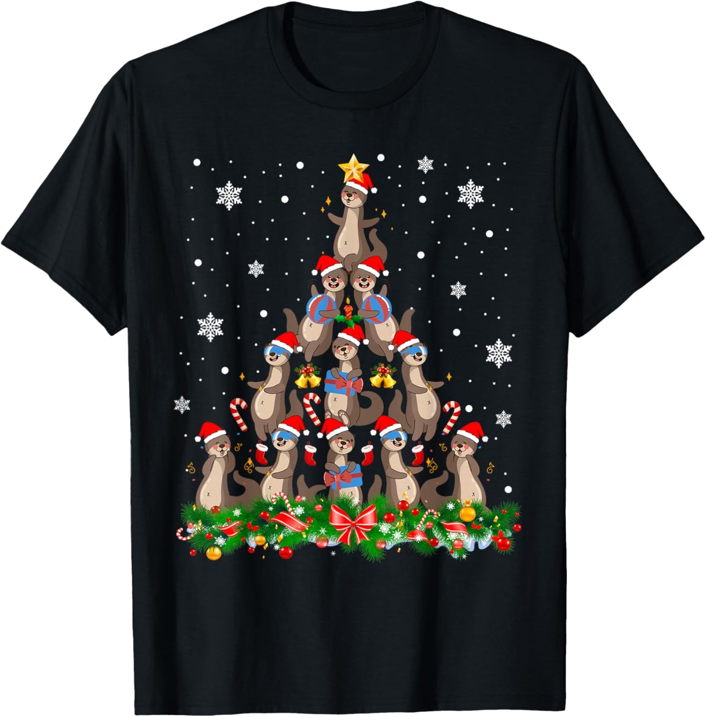 Santa ELF Reindeer Otter Christmas Tree T-Shirt - T-Shirt | Black