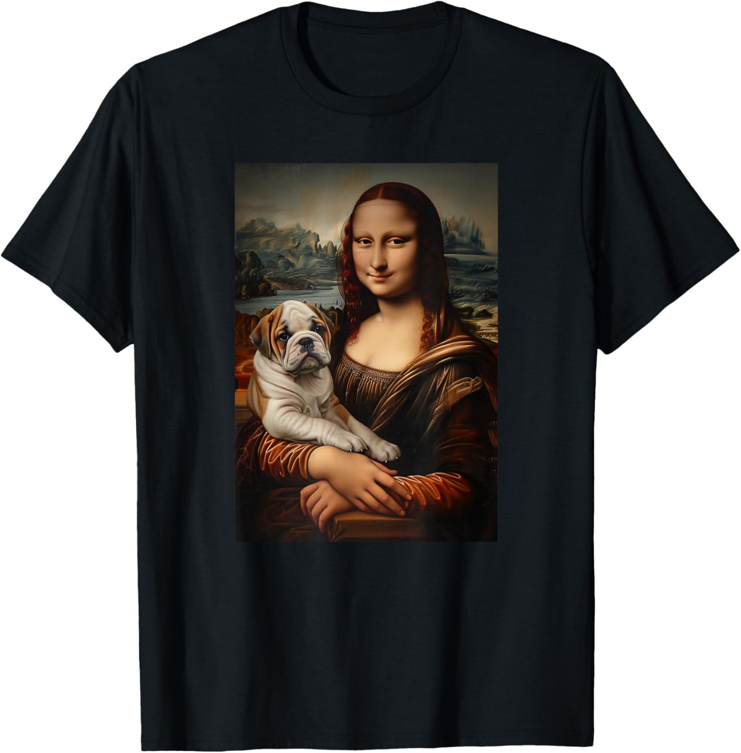 English Bulldog Mona Lisa Painting Art Dog Mom Dad Women Girls Kids T-Shirt - T-Shirt | Black