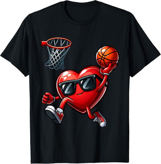 Funny Heart Dunking Basketball Valentines Day Boys Kids T-Shirt - T-Shirt | Black