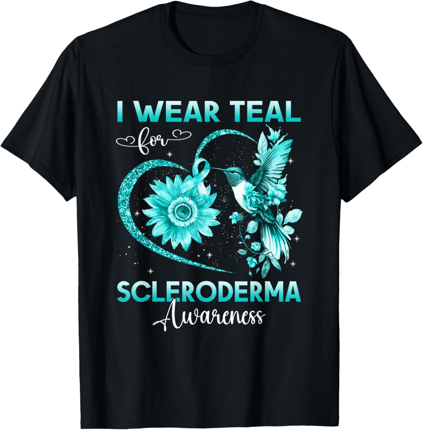 I Wear Teal For Scleroderma Awareness Hummingbird Sunflower T-Shirt - T-Shirt | Black