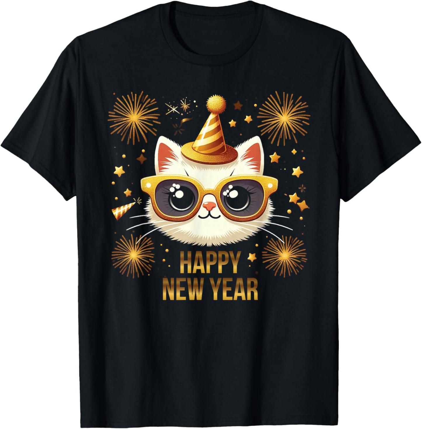 Happy New Year Cat Fireworks New Years Eve Party T-Shirt - T-Shirt | Black