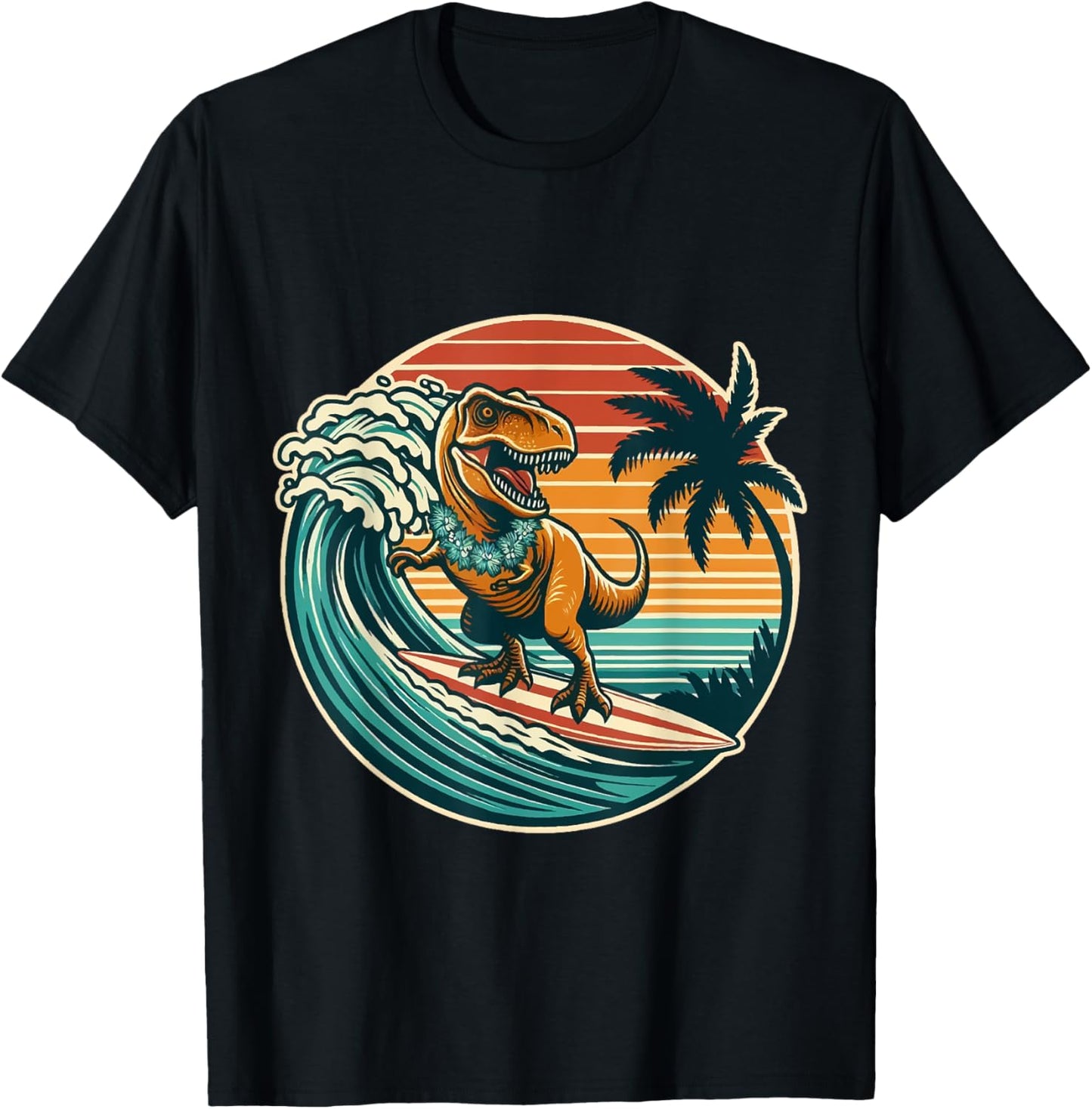 Surfing Trex Hawaiian Dinosaur Surfboard Retro Surf Lovers T-Shirt - T-Shirt | Black