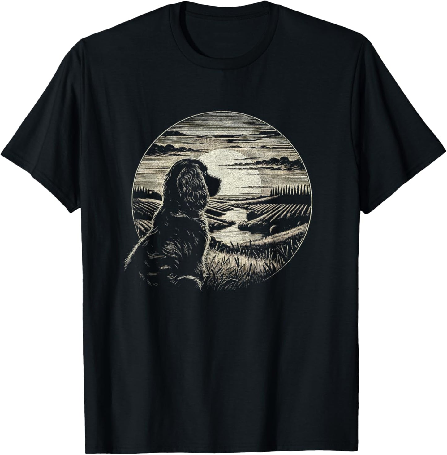 Vintage Boykin Spaniel Dog Retro Sunset Scene Art Design T-Shirt - T-Shirt | Black