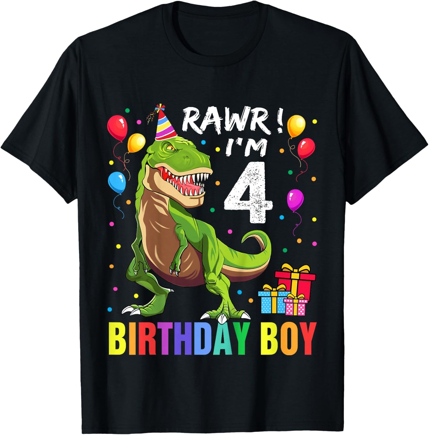Kids 4 Year Old 4th Birthday Boy T Rex Dinosaur T-Shirt - T-Shirt | Black