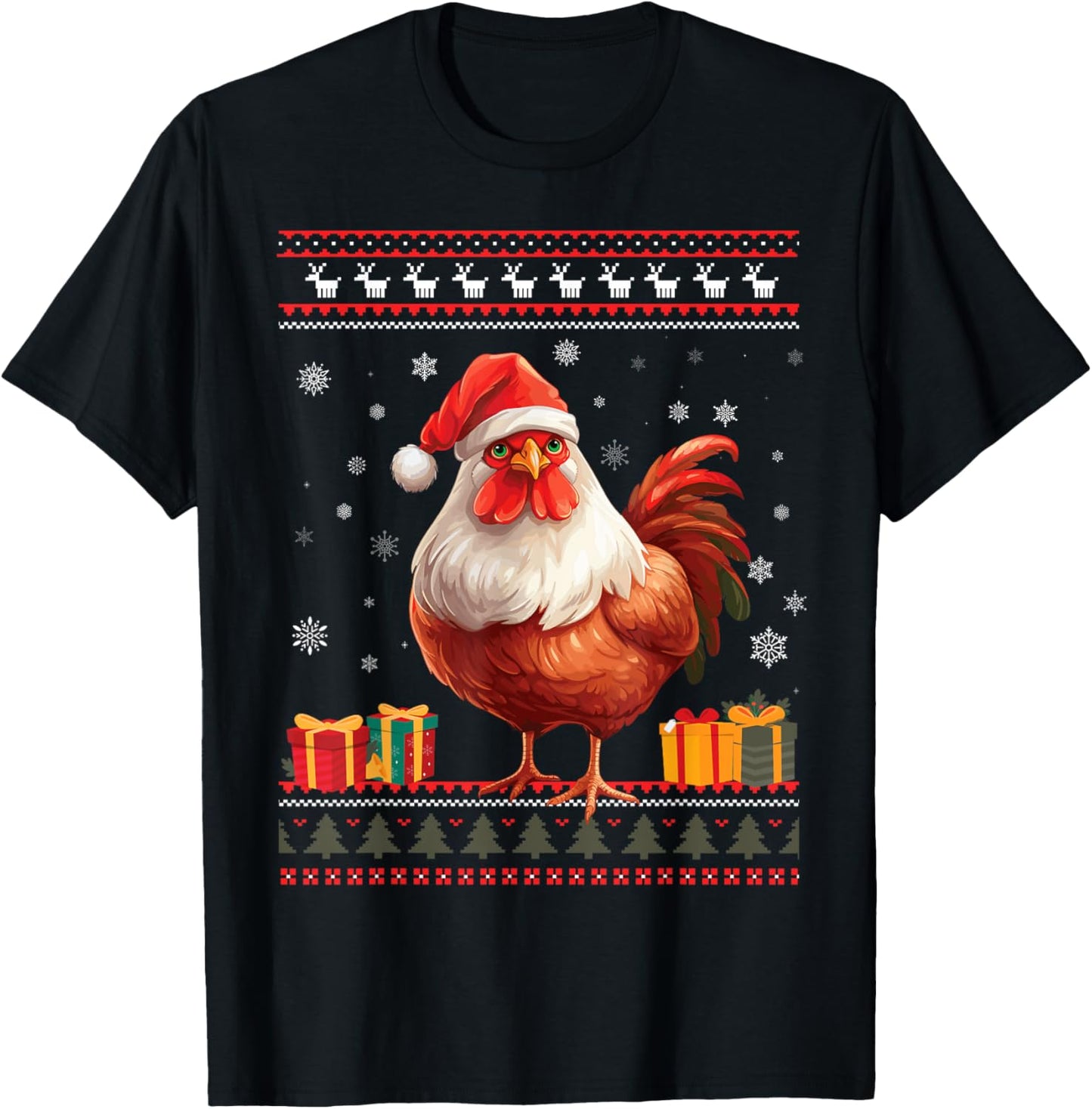 Christmas Chicken Santa Hat Men Women Ugly Christmas Sweater T-Shirt - T-Shirt | Black