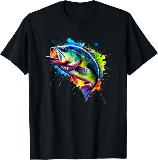 Colorful Splash Art Bass Fish T-Shirt - T-Shirt | Black
