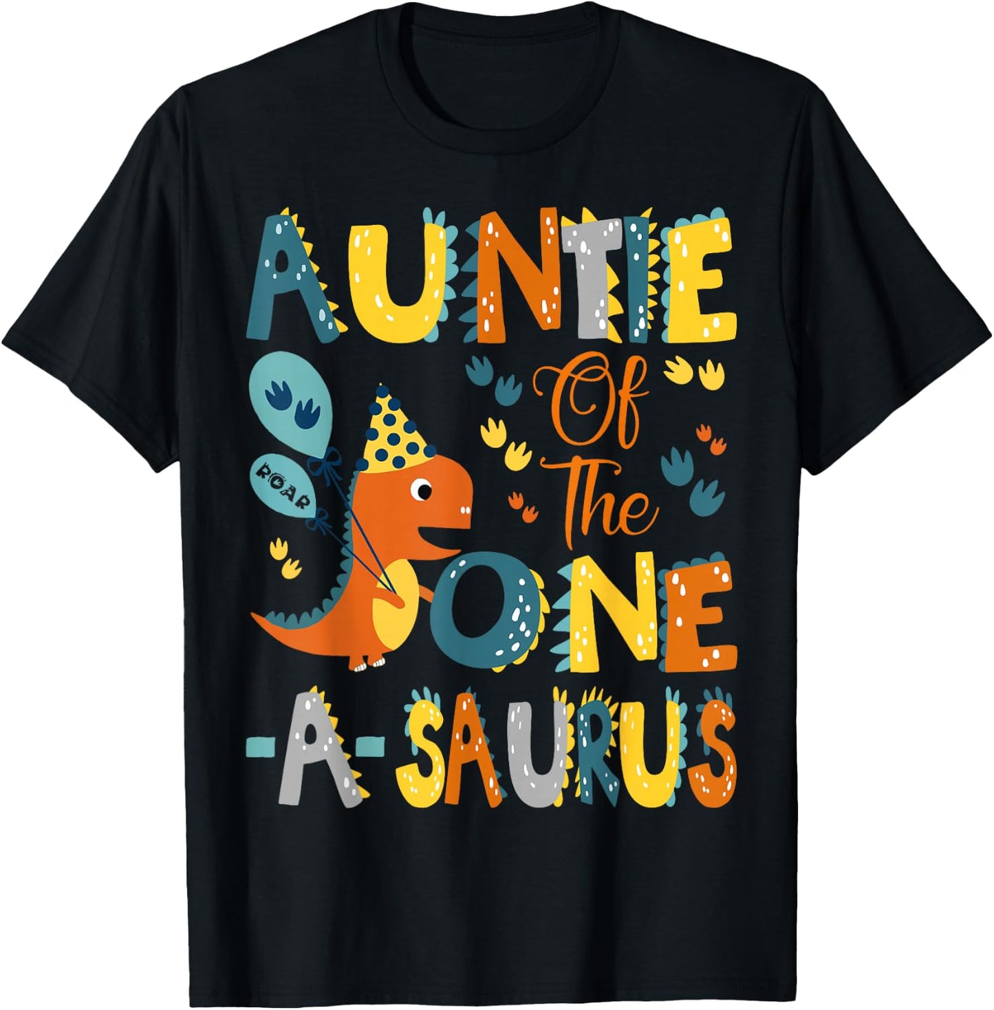 Dinosaur T-Rex 1St Birthday Matching Family Auntie Of The One-A-Saurus 1St Birthday Dinosaur Party -Kids Black Small Classic Fit Modern U-Neck Short Sleeve T-Shirt - T-Shirt | Black