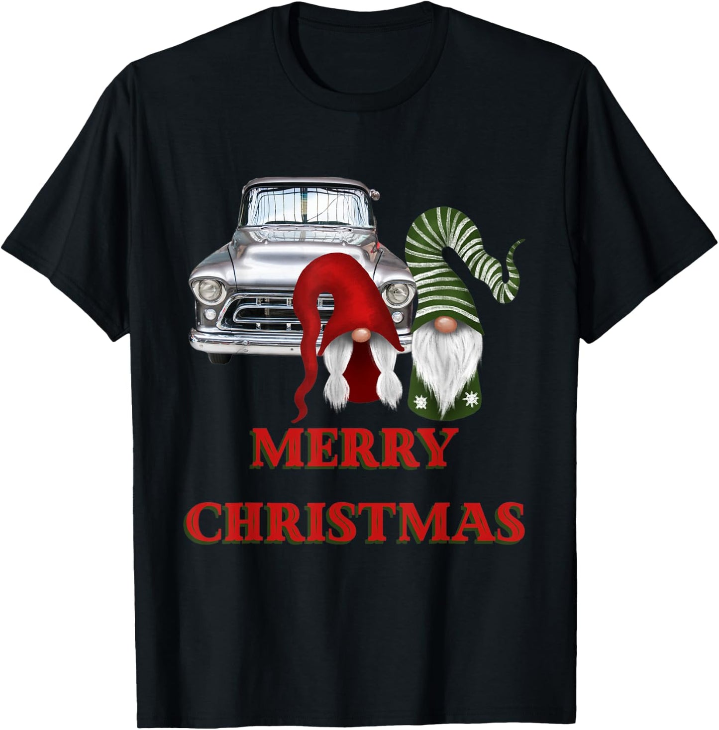 Merry Gnome Couple Old Pickup Truck Christmas Hotrod Holiday T-Shirt - T-Shirt | Black
