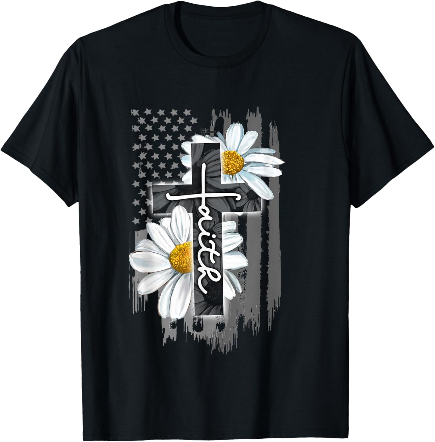 Faith American Flag Daisy Christian Faith Jesus God Lover T-Shirt - T-Shirt | Black