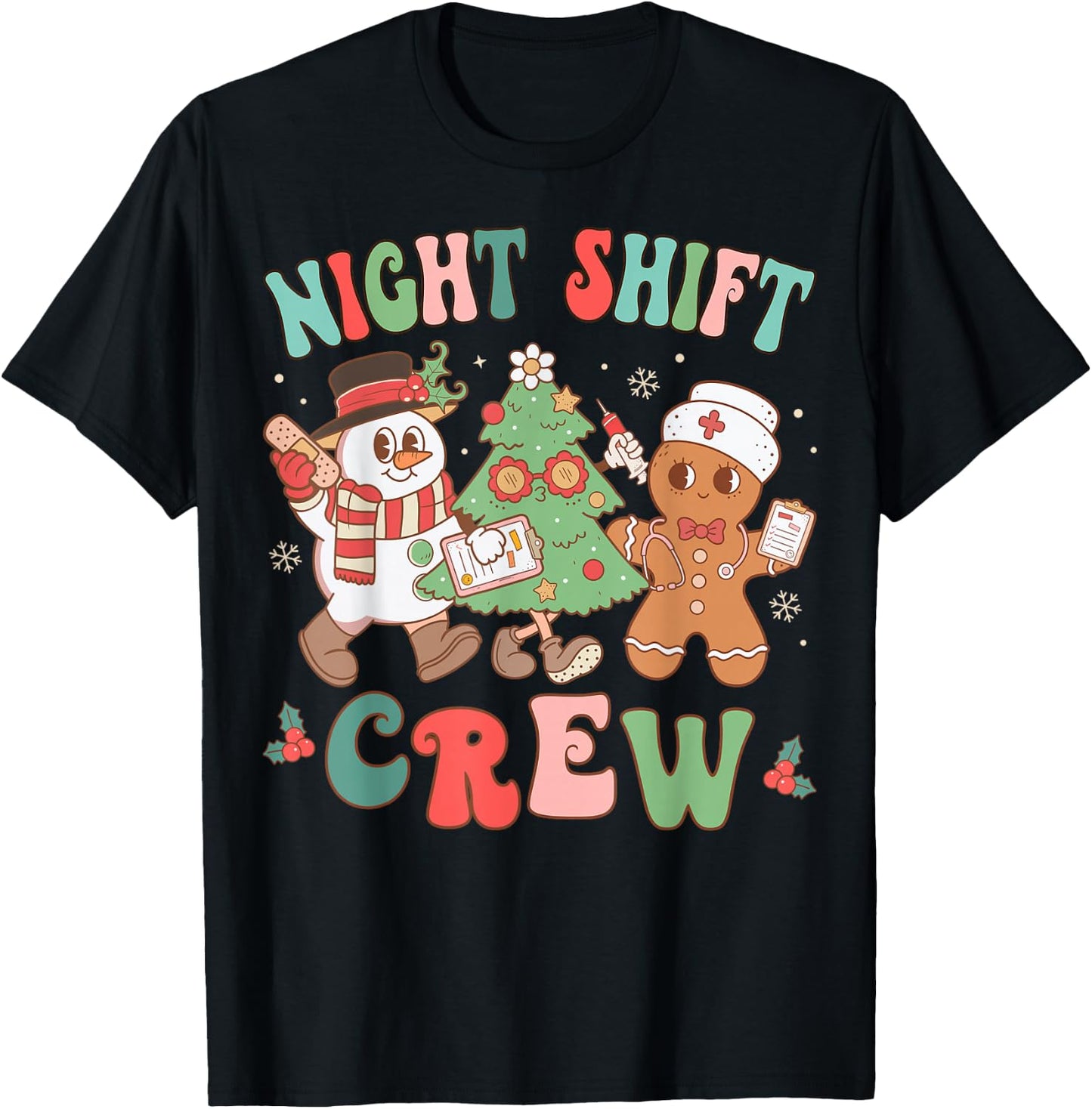 Retro Night Shift Nurse Crew Christmas Night Shift Nursing T-Shirt - T-Shirt | Black