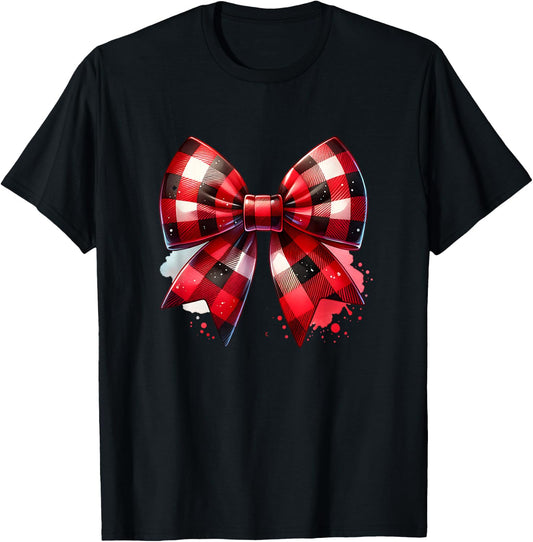 Coquette Bow Christmas Red Buffalo Plaid Xmas T-Shirt - T-Shirt | Black