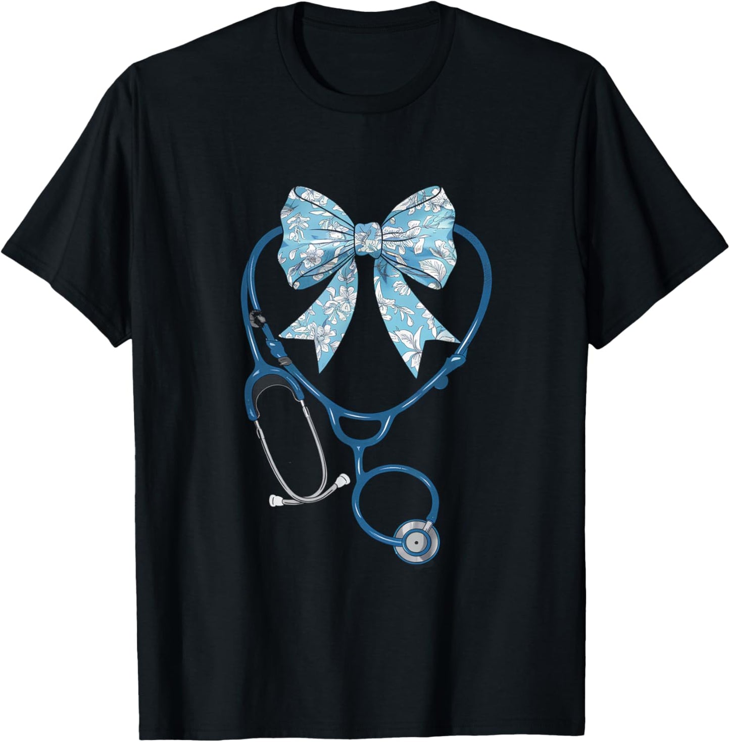 Toile Nurse Bow Blue Coquette Nurse Stethoscope Bow T-Shirt - T-Shirt | Black