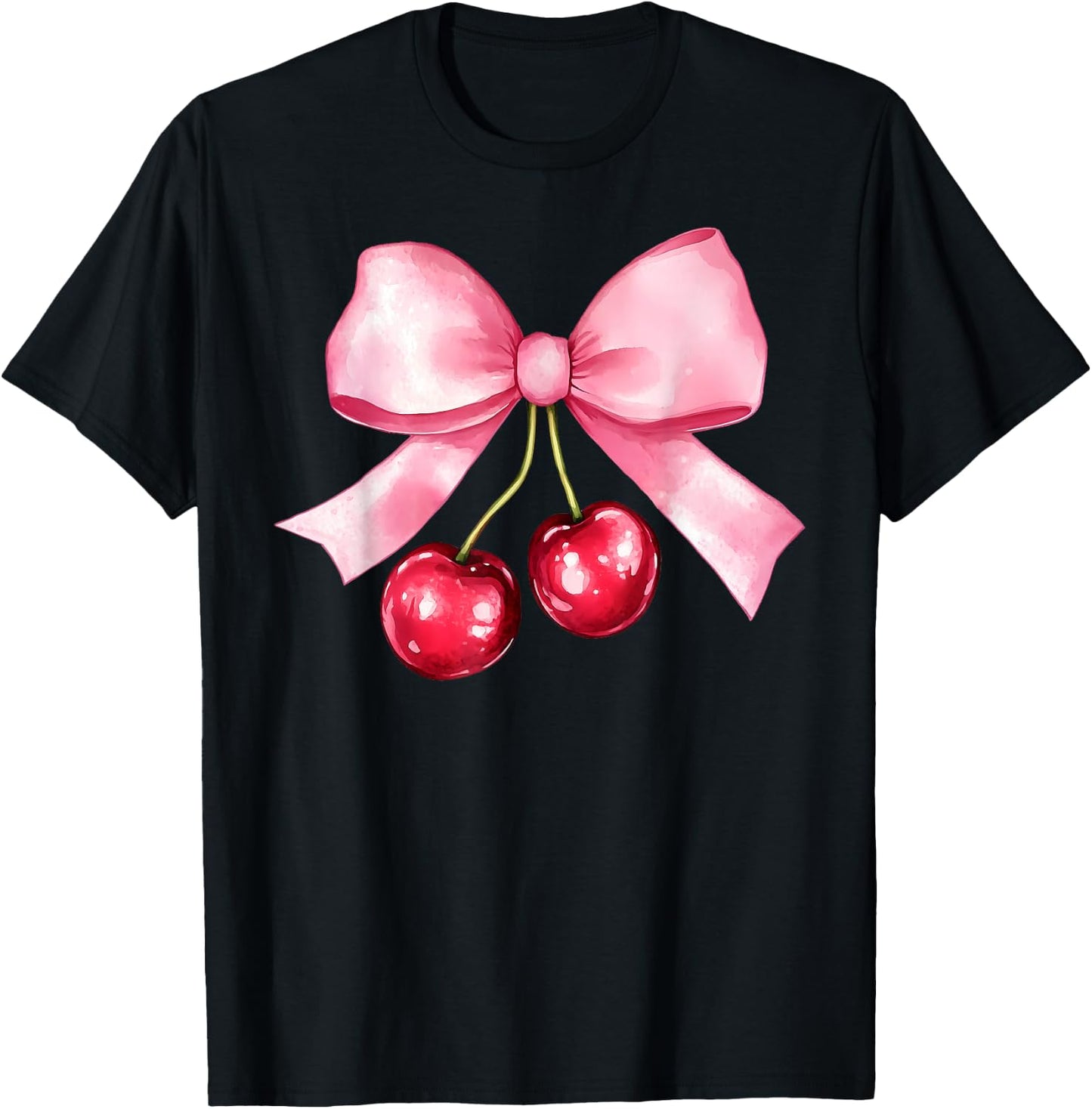 Pink Coquette Bow Cherry Birthday Cute Women Kids Girls T-Shirt - T-Shirt | Black