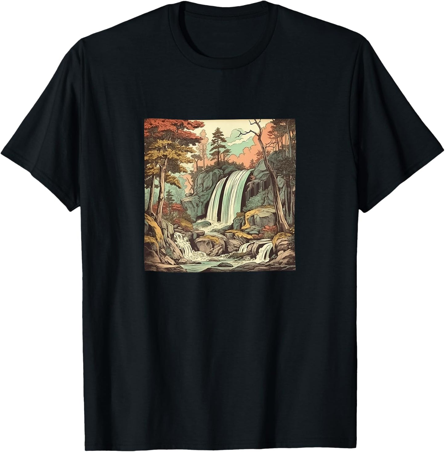 Waterfall In A Forest Vintage Landscape Graphic T-Shirt - T-Shirt | Black