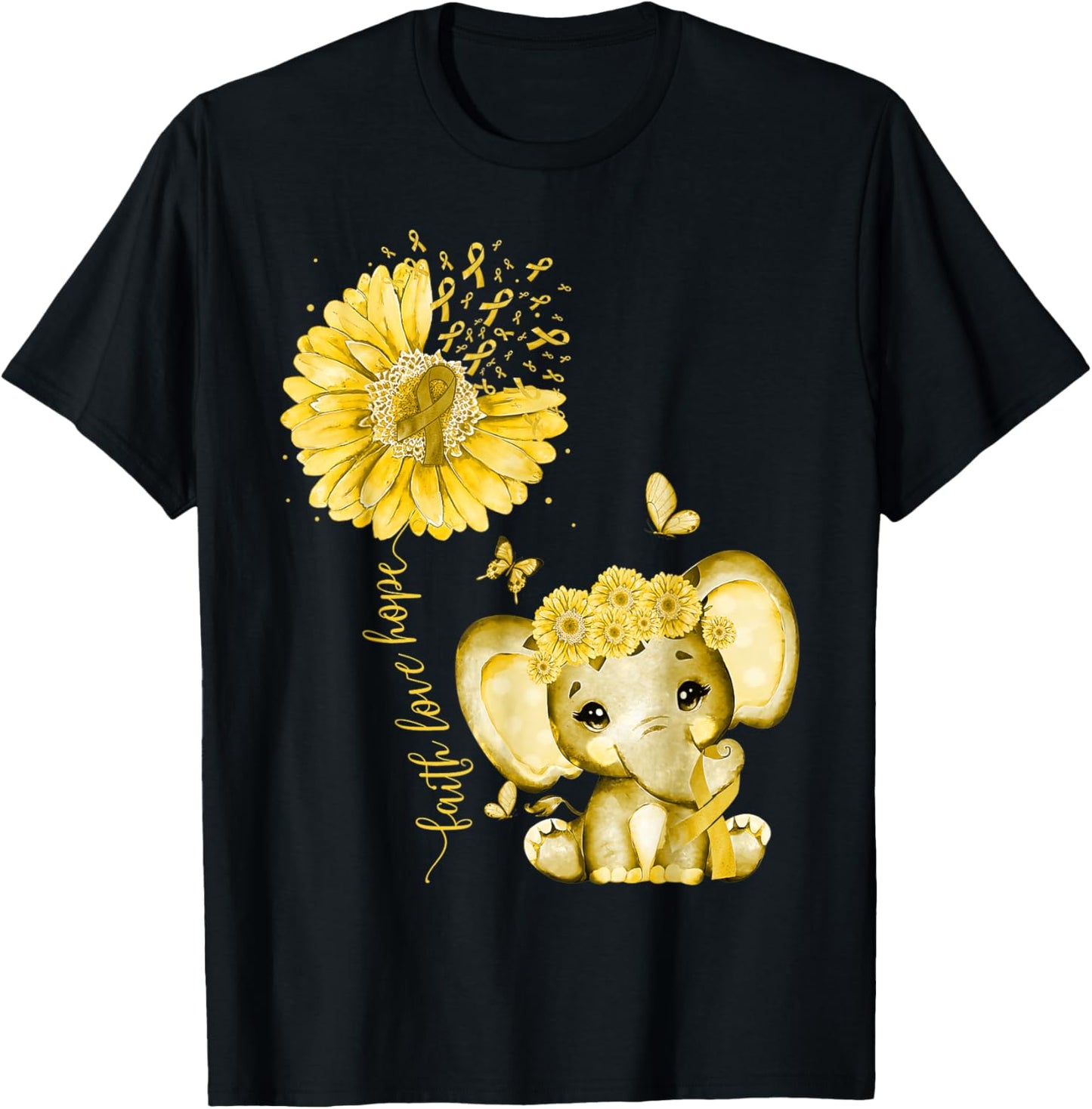 Childhood Cancer Cute Elephant With Sunflower Gold Ribbon T-Shirt - T-Shirt | Black