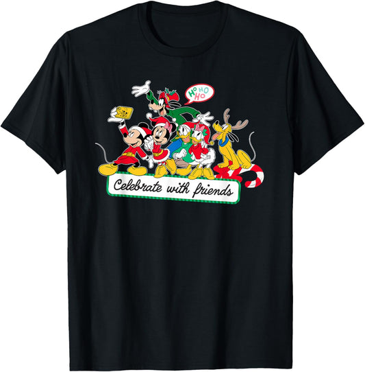 Disney Mickey Mouse & Pals Celebrate with Friends Christmas T-Shirt - T-Shirt | Black
