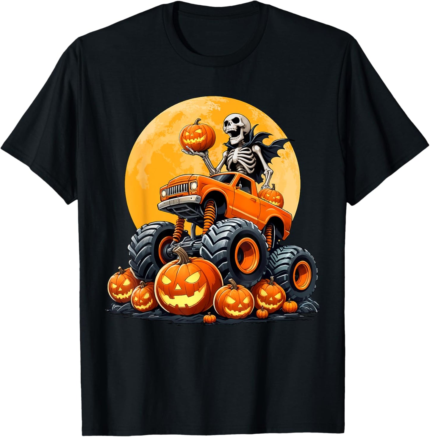 Skeleton Riding Monster Truck Halloween Pumpkin Kids Toddler T-Shirt - T-Shirt | Black