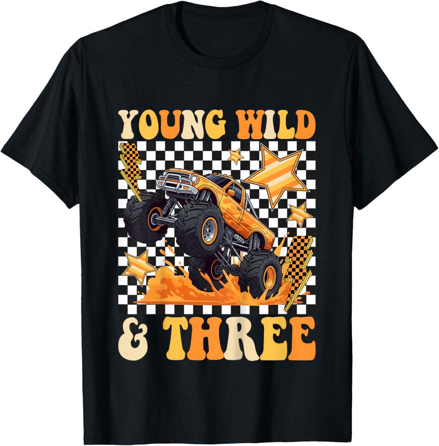 3rd Birthday Monster Truck Young Wild and Three Checkered T-Shirt - T-Shirt | Black