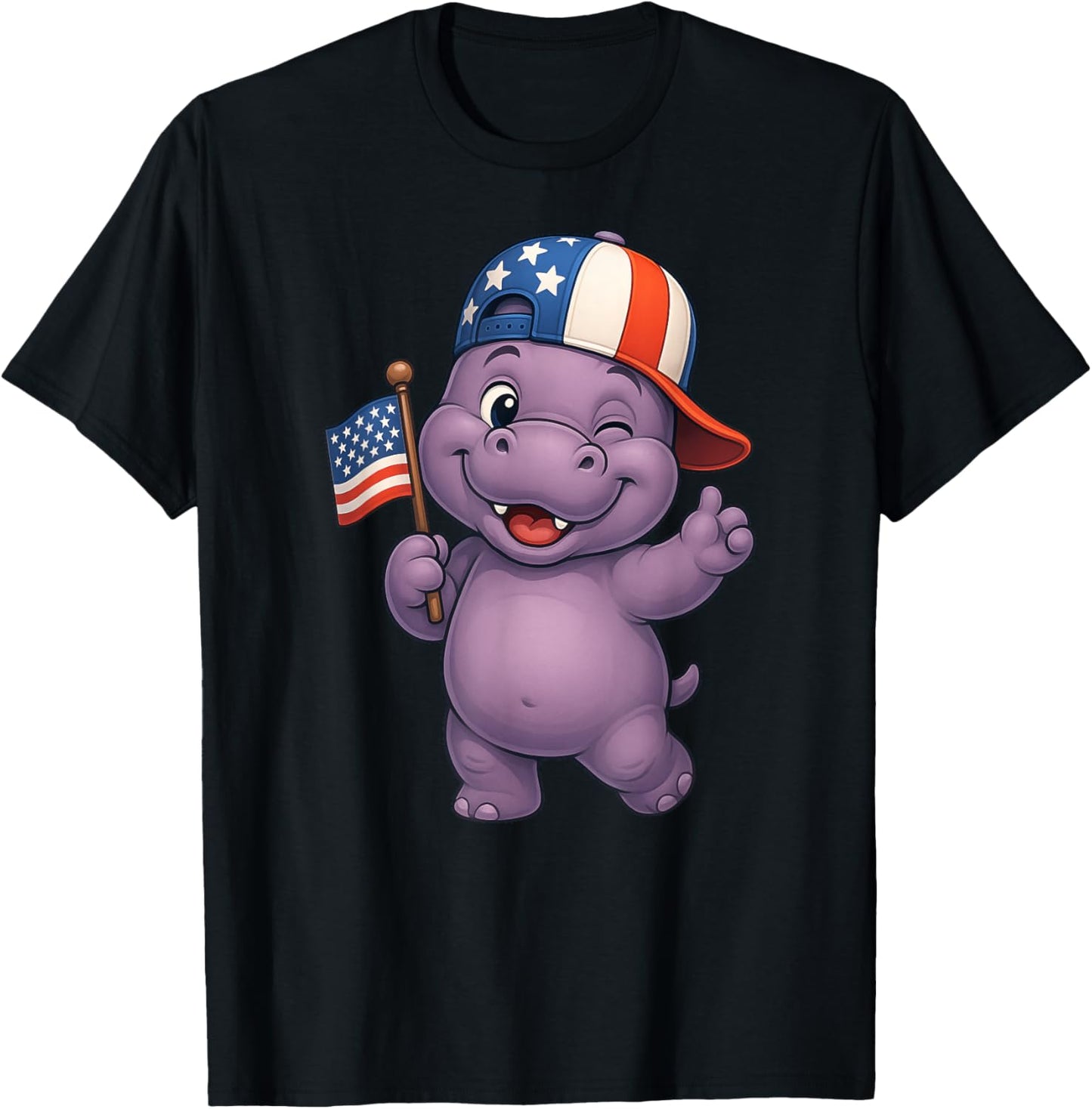 Hippo USA Flag 4th July Independence Day Boys Girls Kids T-Shirt - T-Shirt | Black